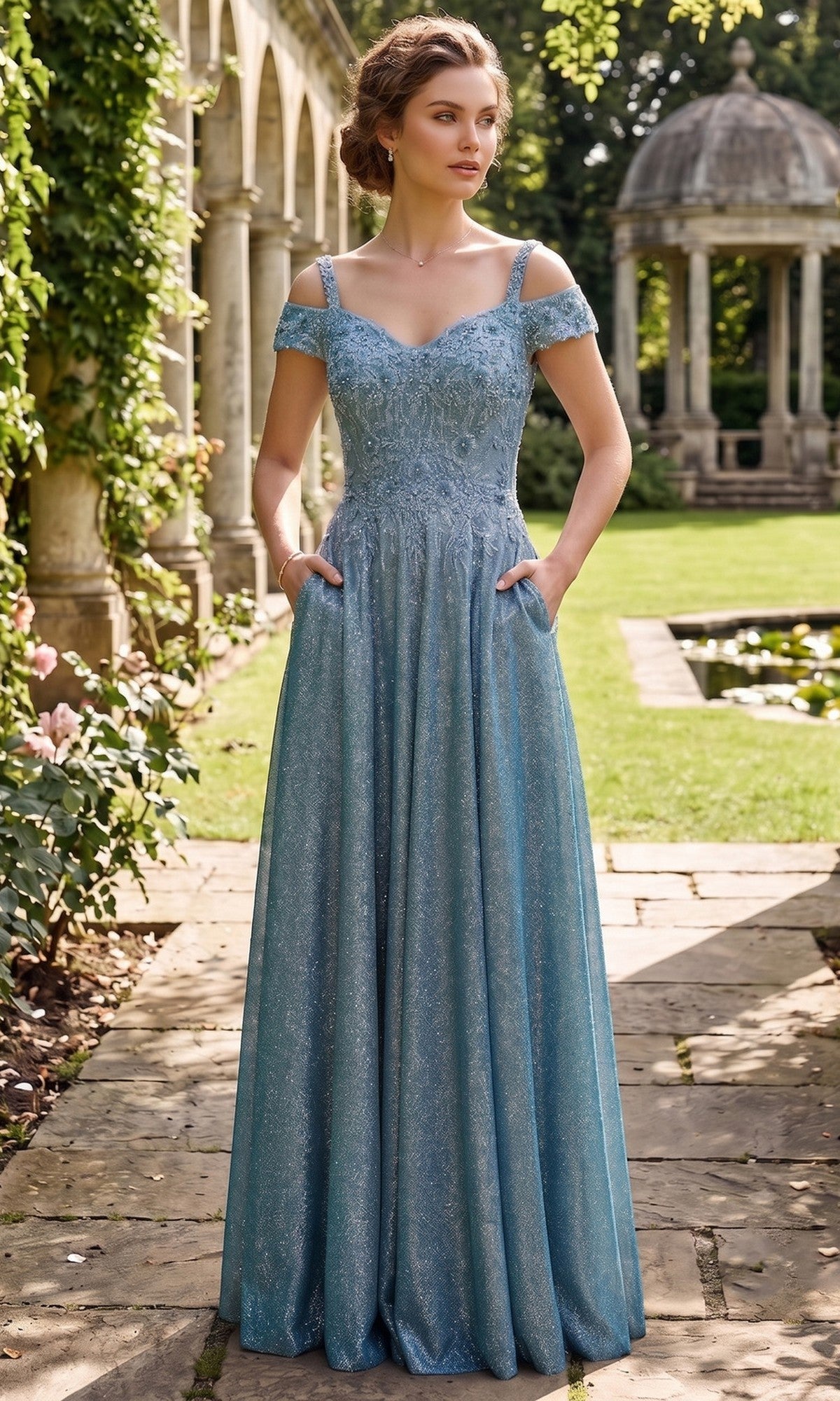 A woman stands outdoors in a garden wearing the Chicas J169 Long Prom Dress—a light blue, off-the-shoulder, floor-length gown featuring a fitted embellished bodice and convenient pockets. Stone columns and a gazebo are visible in the background.